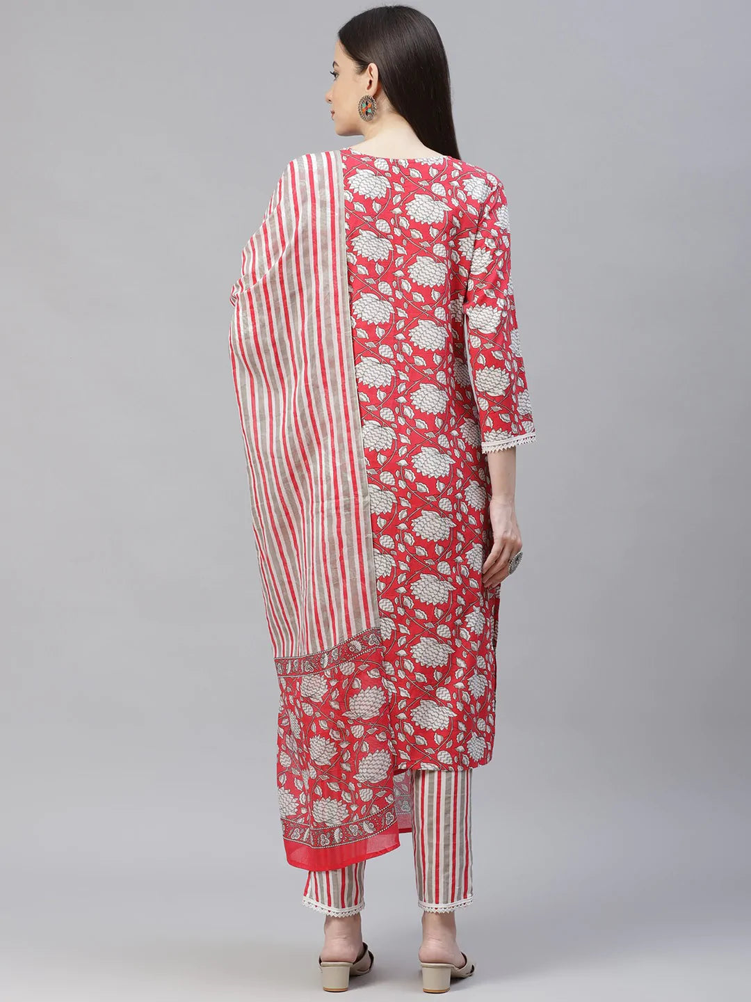 Women Red & Off-White Ethnic Motifs Printed Kurta With Trousers & Dupatta - Rasiya