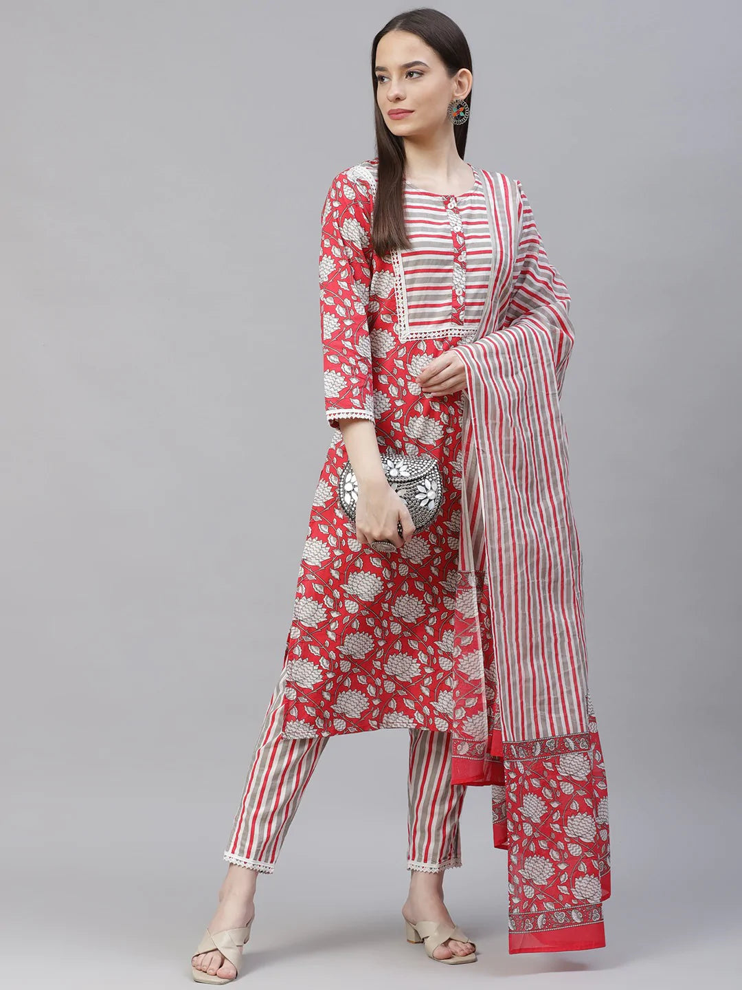 Women Red & Off-White Ethnic Motifs Printed Kurta With Trousers & Dupatta - Rasiya