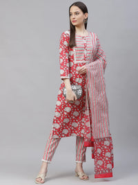 Thumbnail for Women Red & Off-White Ethnic Motifs Printed Kurta With Trousers & Dupatta - Rasiya