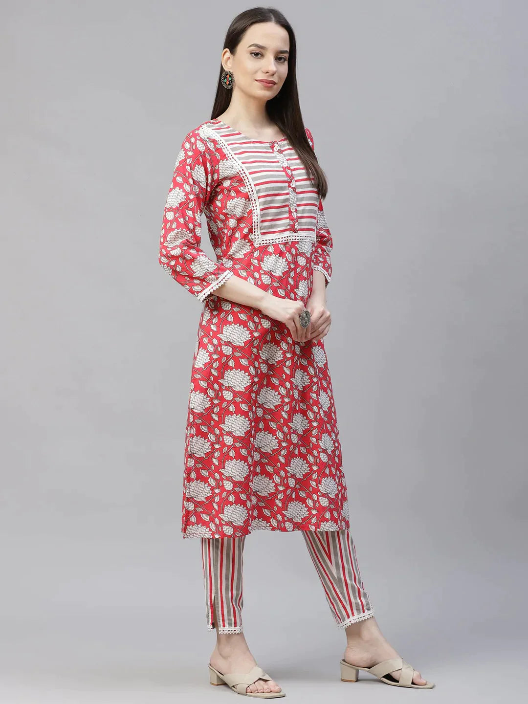 Women Red & Off-White Ethnic Motifs Printed Kurta With Trousers & Dupatta - Rasiya