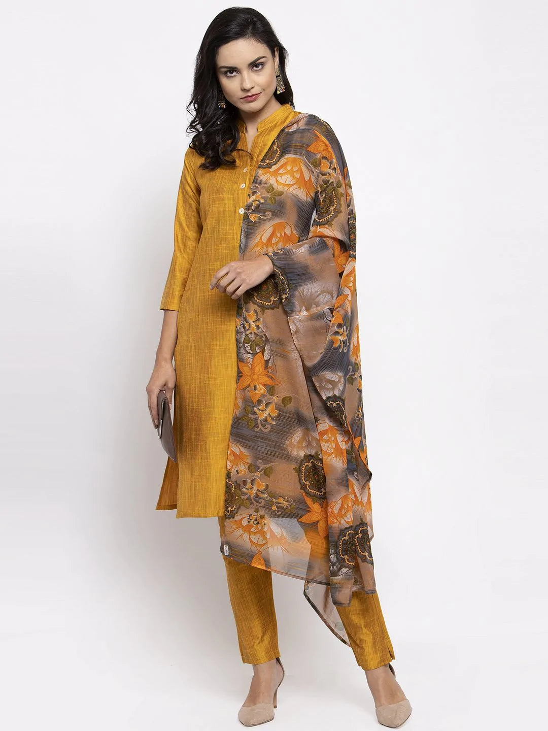 Women Yellow Self-Striped Kurta With Trousers & Gorgette Dupatta - Rasiya