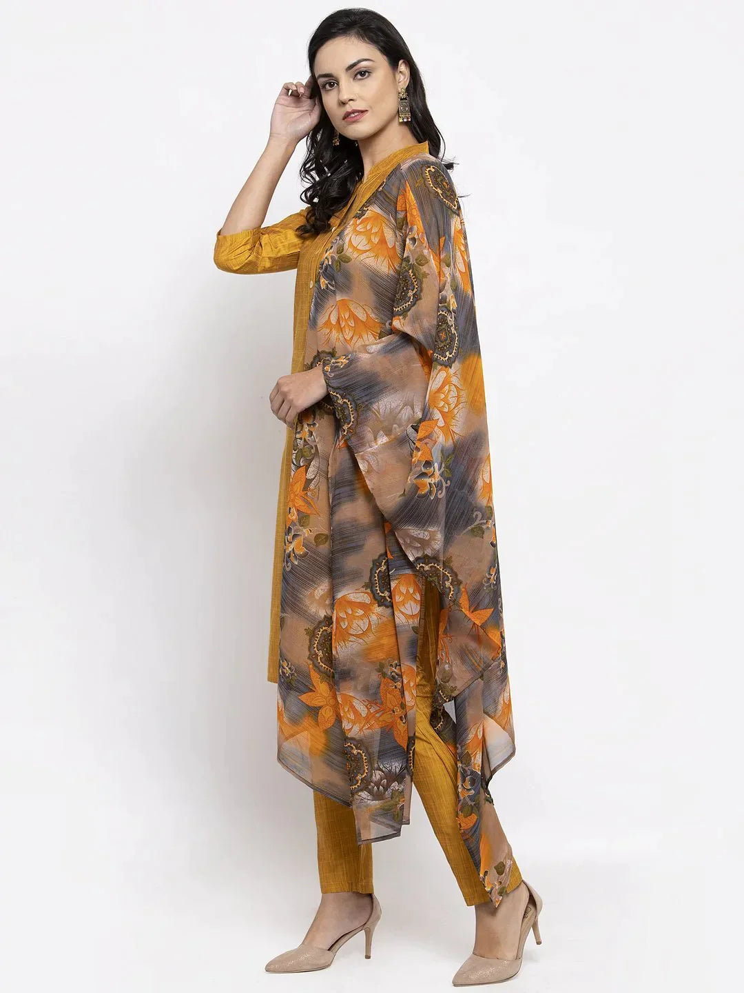 Women Yellow Self-Striped Kurta With Trousers & Gorgette Dupatta - Rasiya