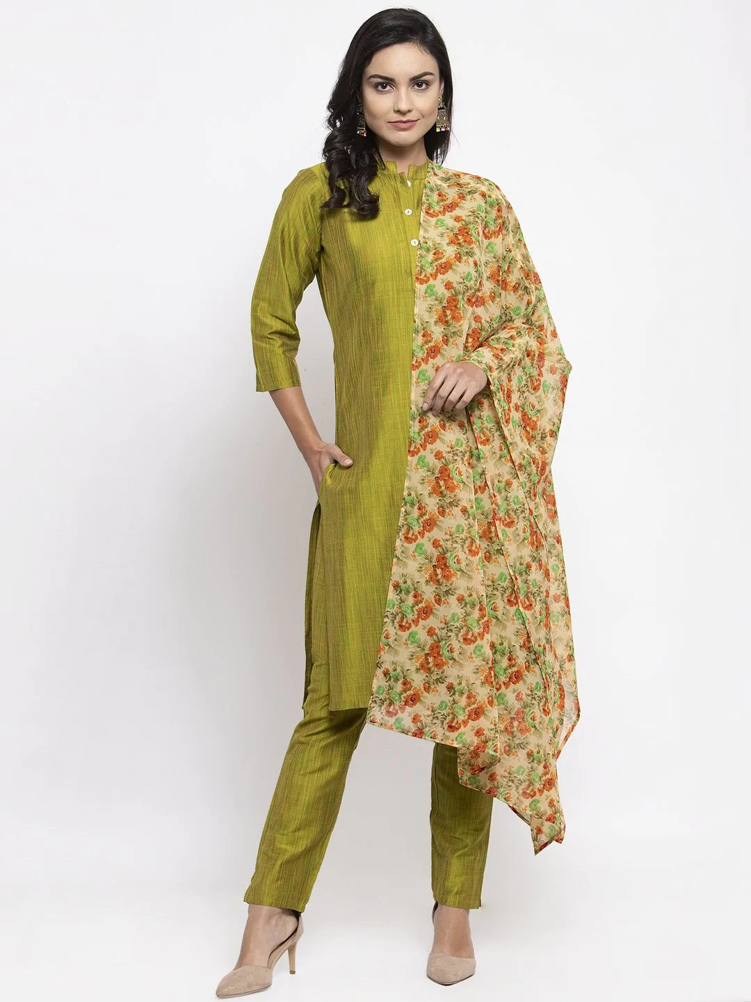 Women Green Self-Striped Kurta With Trousers & Floral Georgette Dupatta - Rasiya