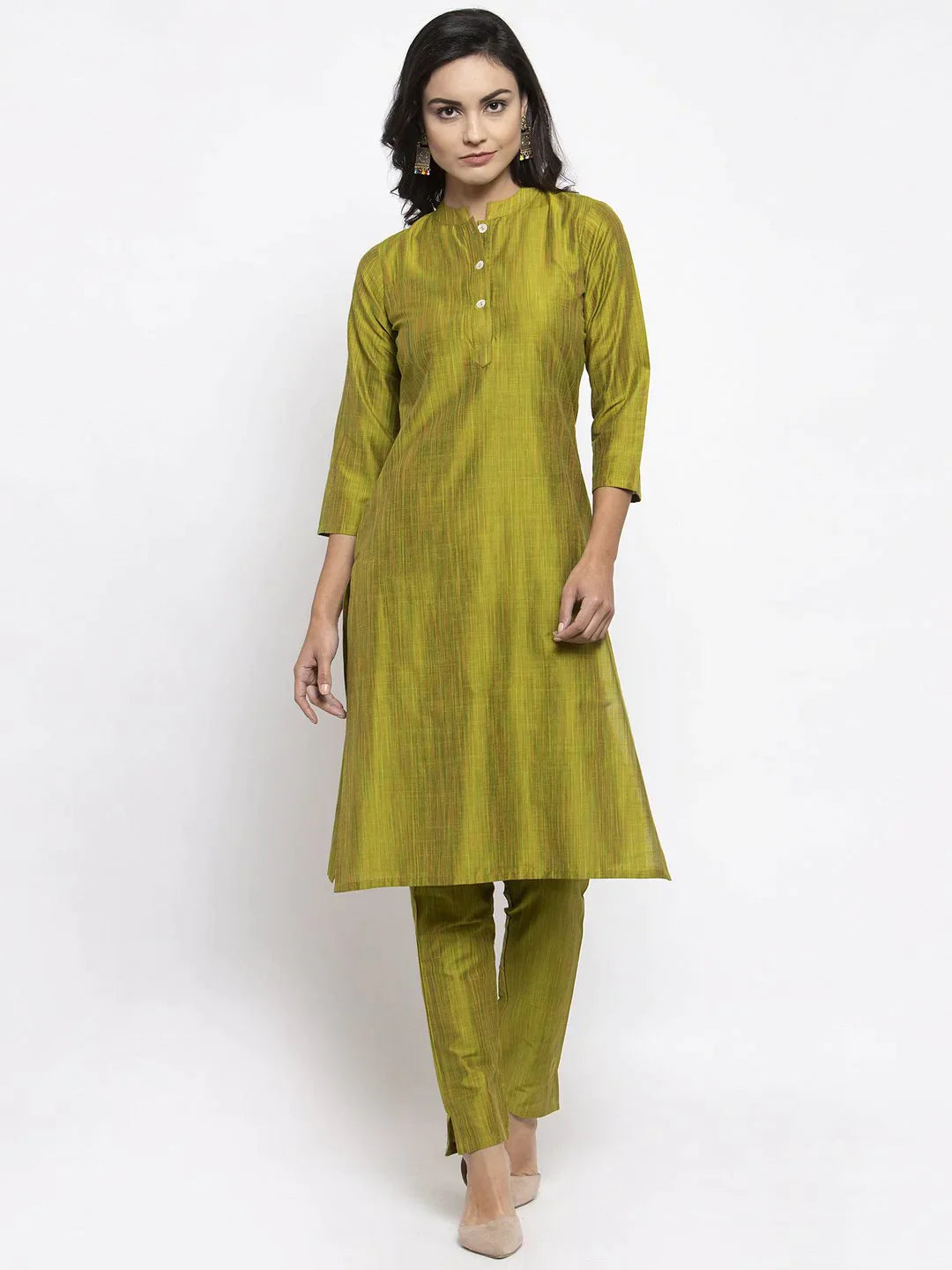 Women Green Self-Striped Kurta With Trousers & Floral Georgette Dupatta - Rasiya