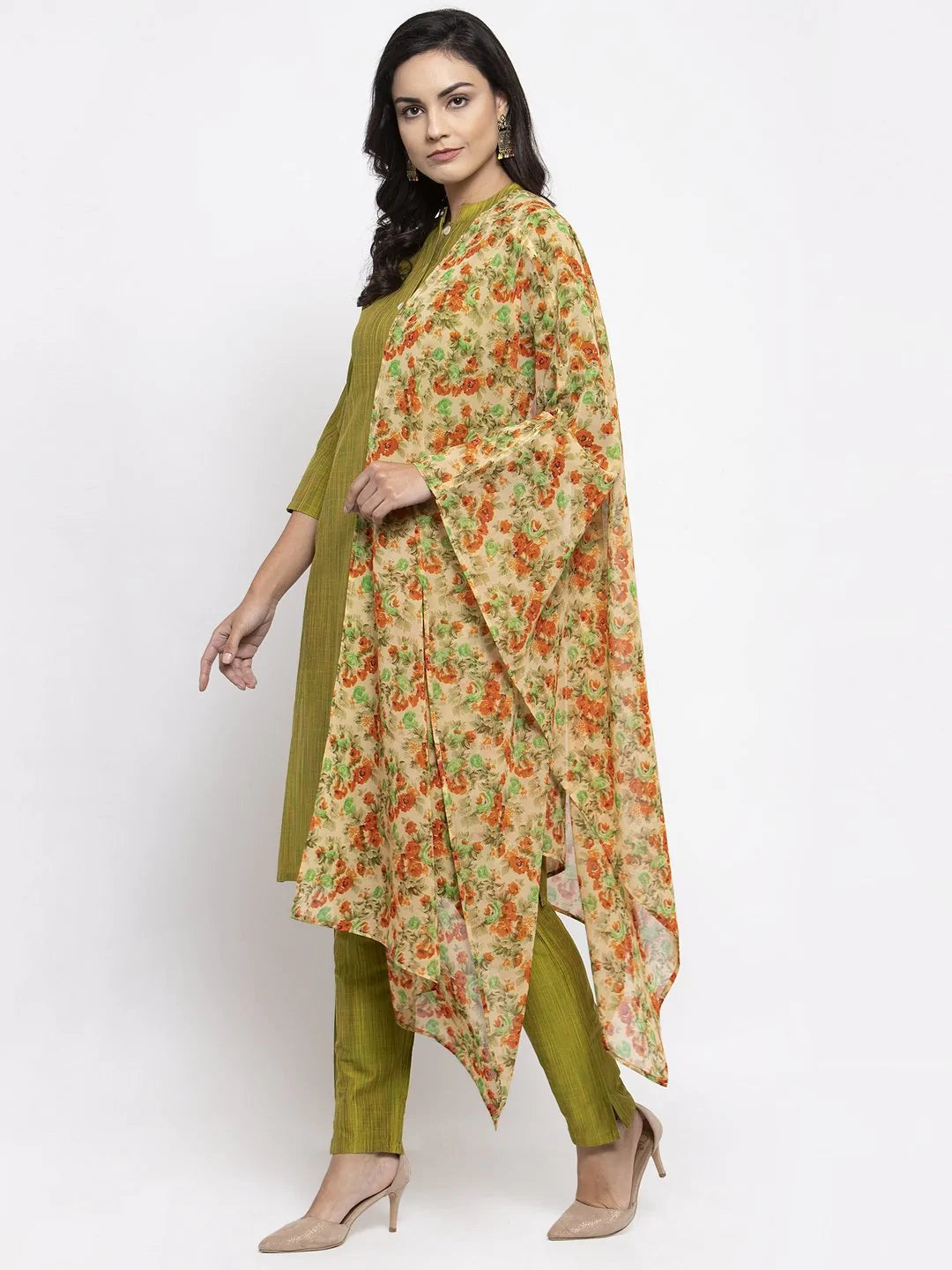 Women Green Self-Striped Kurta With Trousers & Floral Georgette Dupatta - Rasiya