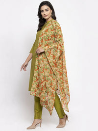 Thumbnail for Women Green Self-Striped Kurta With Trousers & Floral Georgette Dupatta - Rasiya