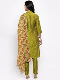 Thumbnail for Women Green Self-Striped Kurta With Trousers & Floral Georgette Dupatta - Rasiya