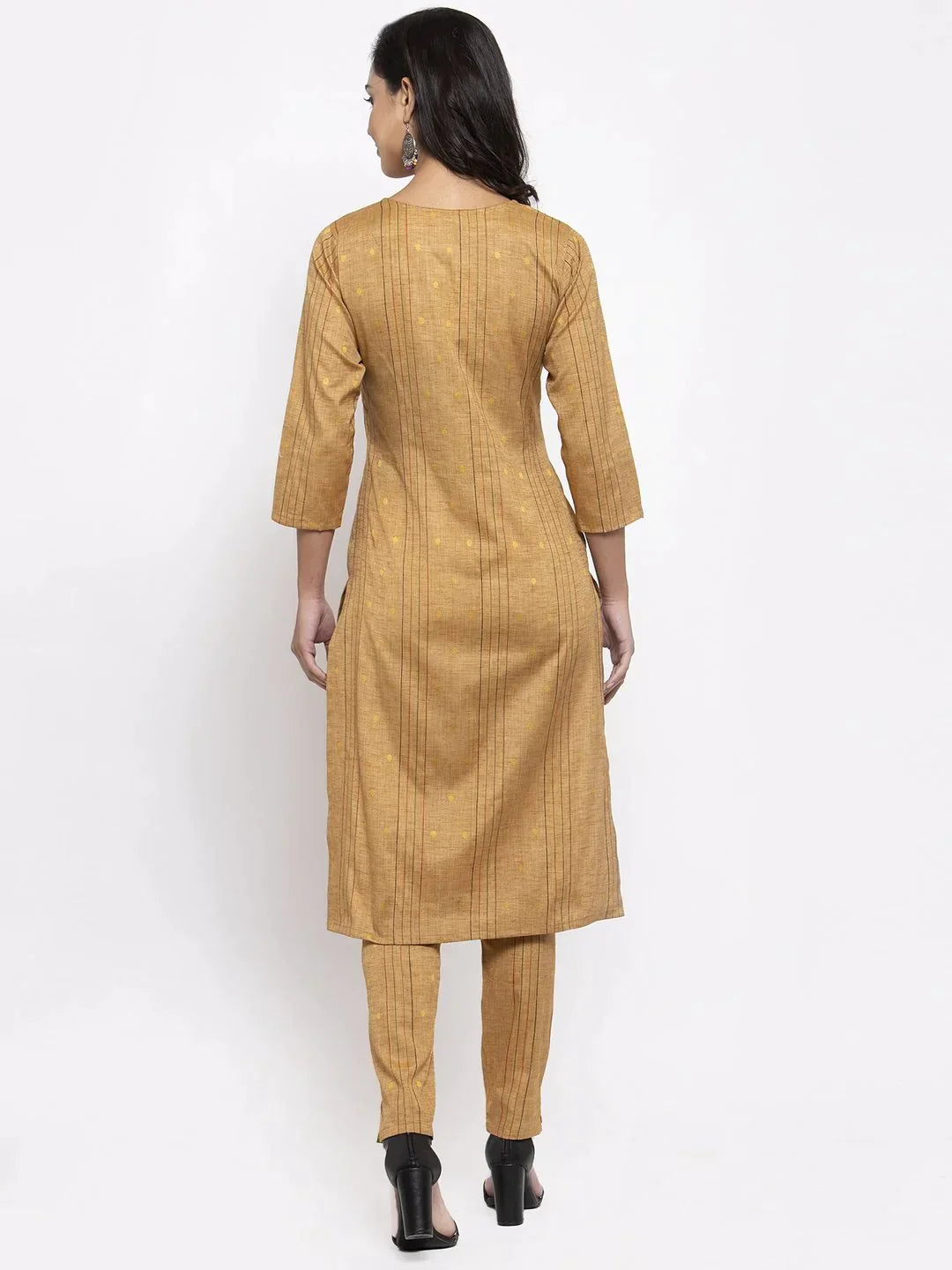 Women Beige & Black Striped Kurta With Trousers & Green Printed Dupatta Golden - Rasiya