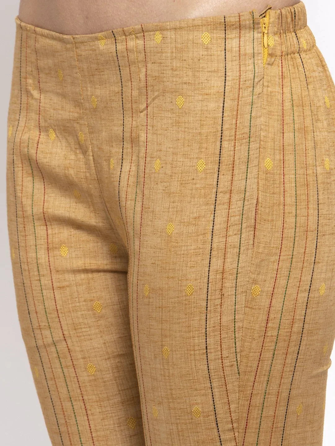 Women Beige & Black Striped Kurta With Trousers & Green Printed Dupatta Golden - Rasiya