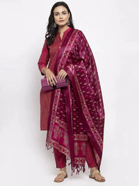Thumbnail for Women Pink Self-Striped Kurta With Trousers & Art Silk Printed Dupatta - Rasiya