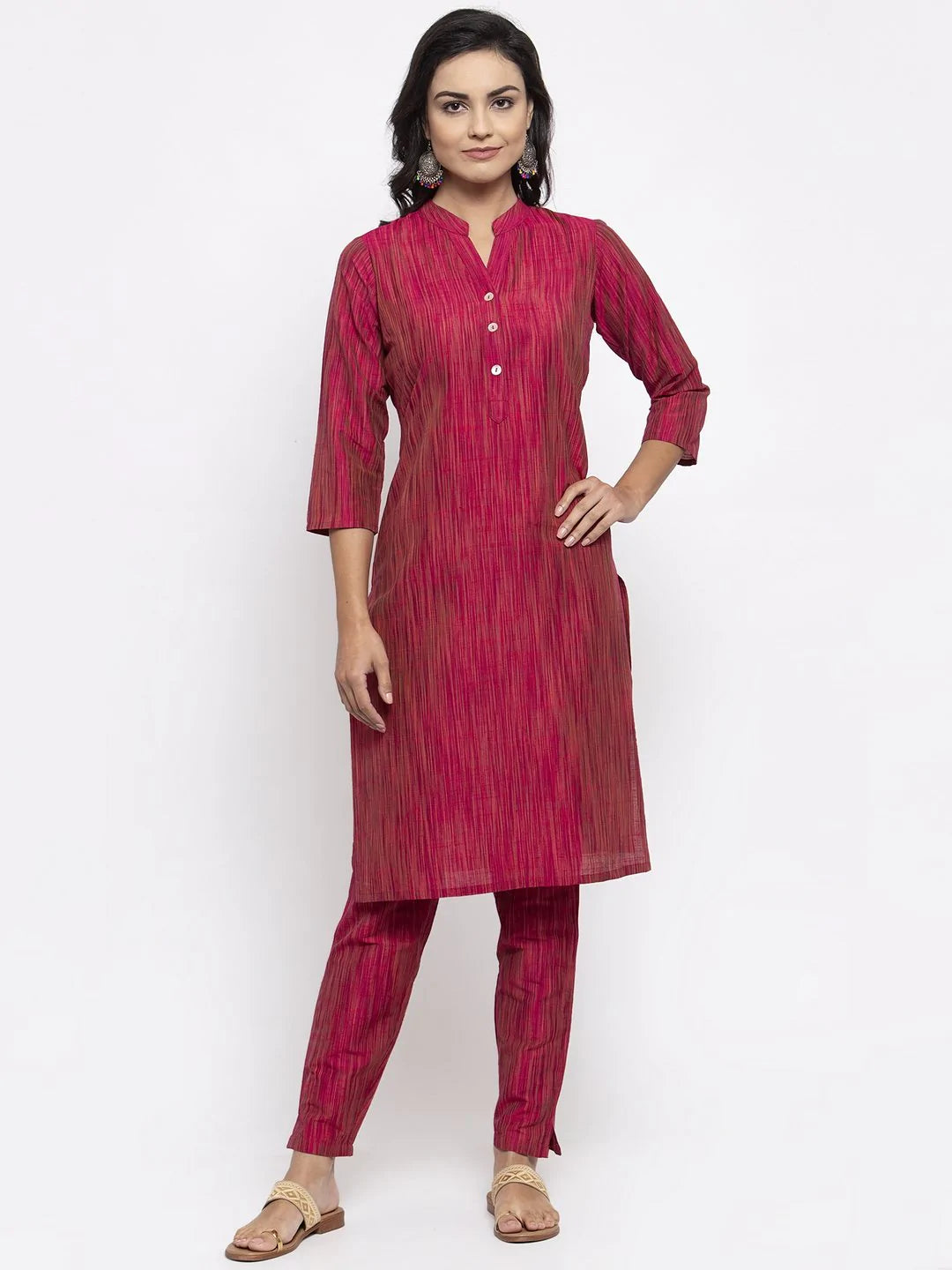 Women Pink Self-Striped Kurta With Trousers & Art Silk Printed Dupatta - Rasiya