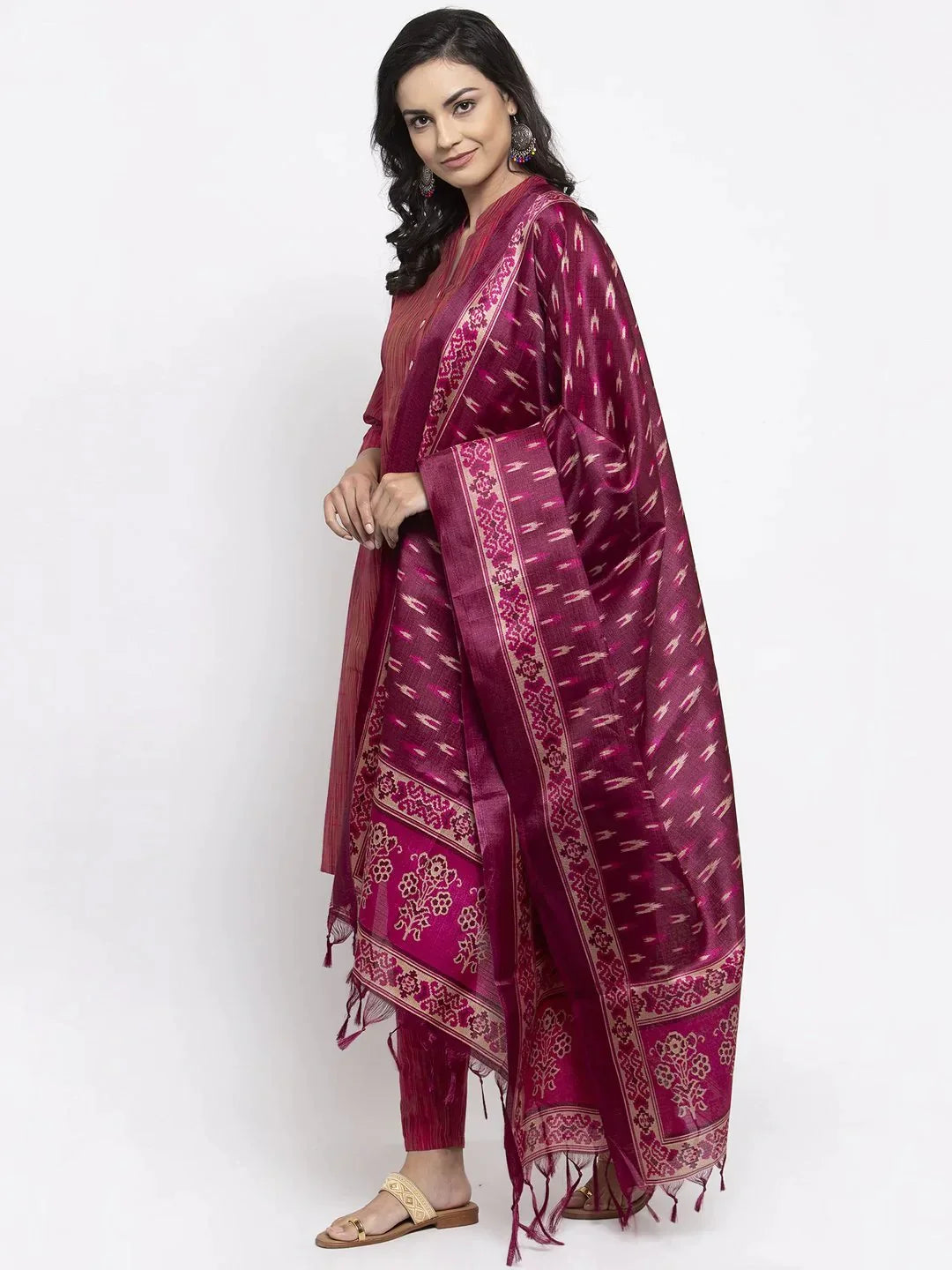 Women Pink Self-Striped Kurta With Trousers & Art Silk Printed Dupatta - Rasiya