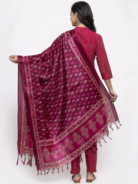 Thumbnail for Women Pink Self-Striped Kurta With Trousers & Art Silk Printed Dupatta - Rasiya