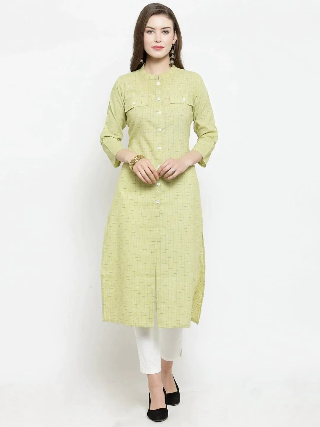 Women Green Woven Design Straight Kurta - Rasiya