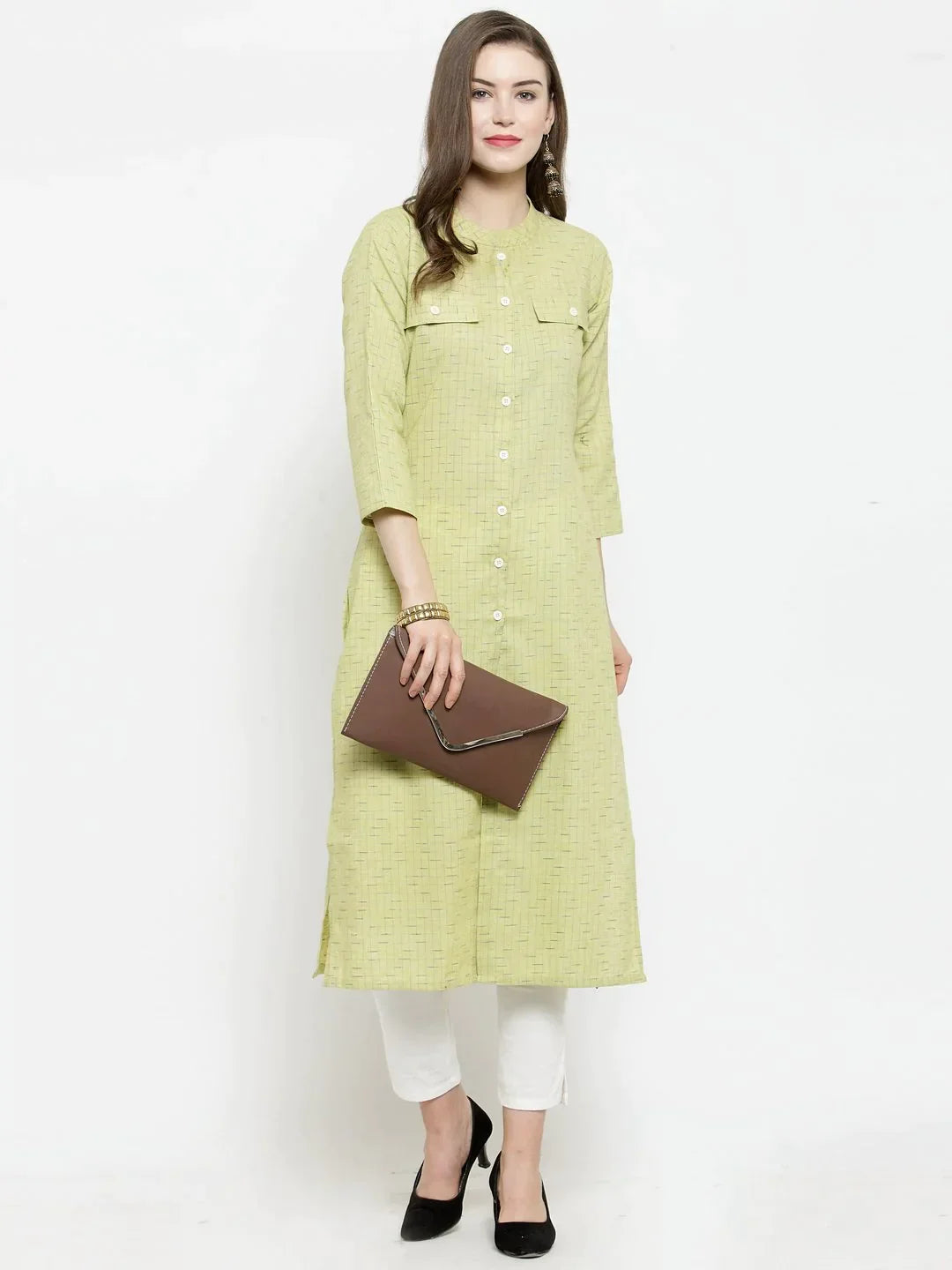 Women Green Woven Design Straight Kurta - Rasiya