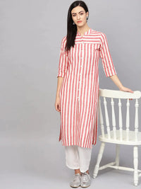 Thumbnail for Women Red & Off-White Striped Cotton Straight Kurta - Rasiya