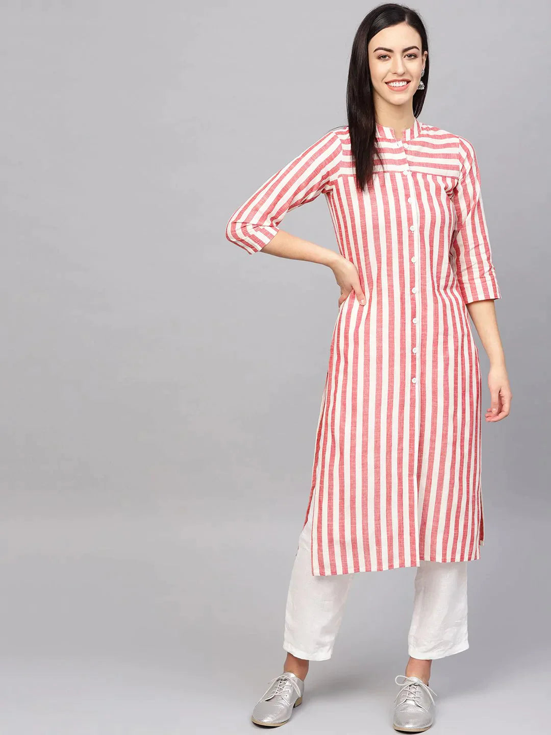 Women Red & Off-White Striped Cotton Straight Kurta - Rasiya