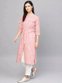 Thumbnail for Women Red & Off-White Striped Cotton Straight Kurta - Rasiya