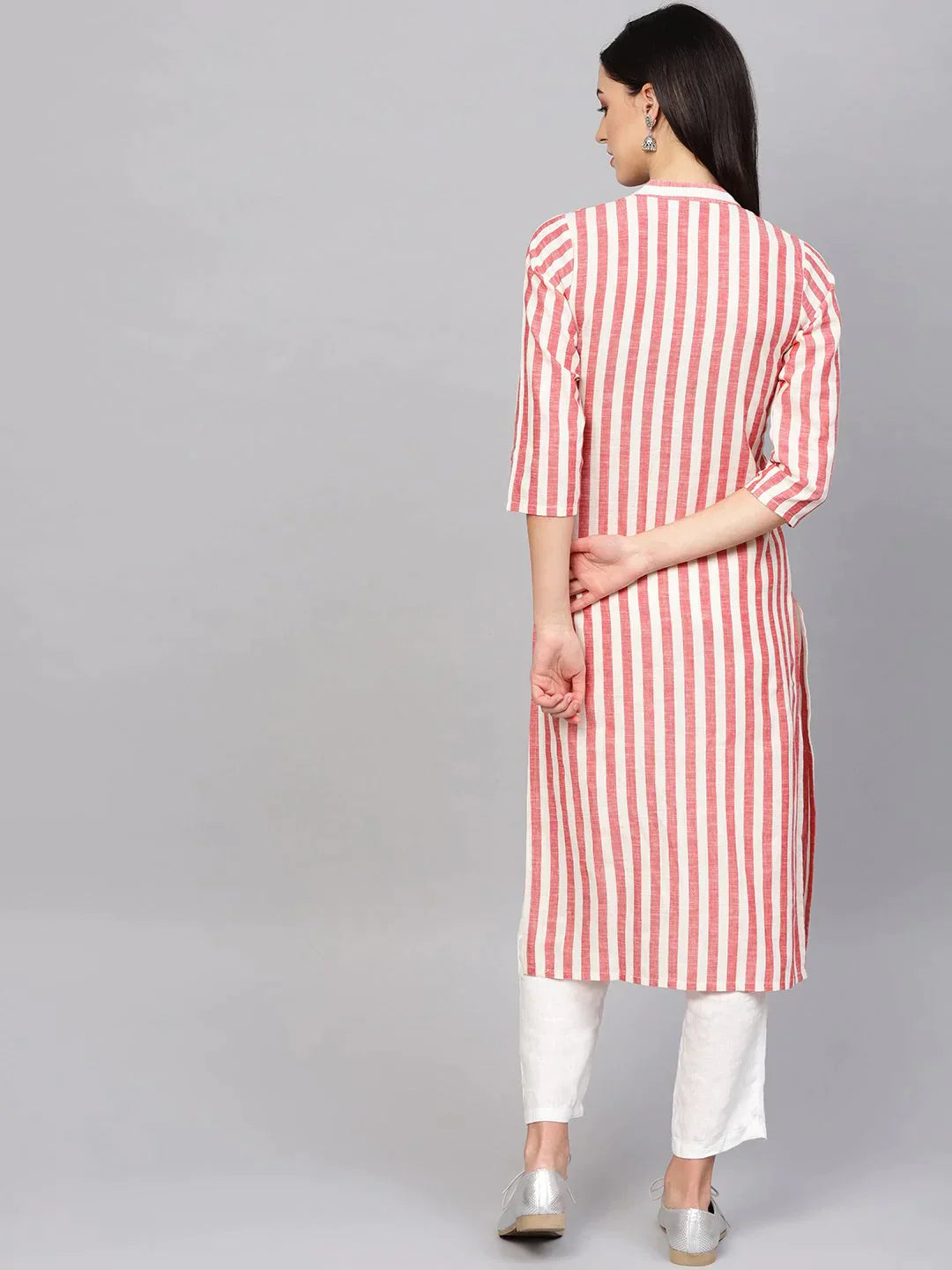 Women Red & Off-White Striped Cotton Straight Kurta - Rasiya