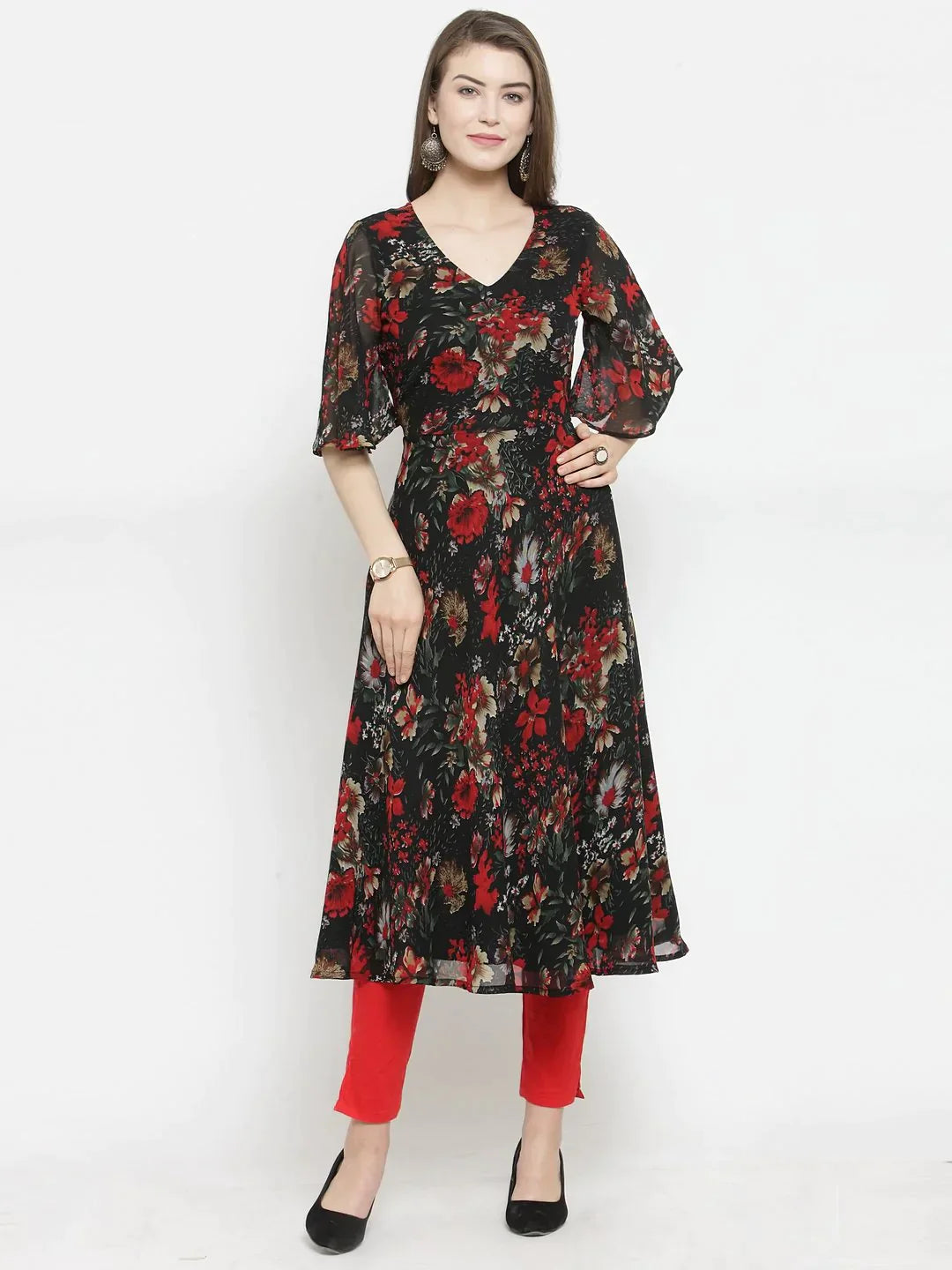 Women Black & Red Floral Printed Gorgette Flared Kurta - Rasiya