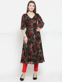 Thumbnail for Women Black & Red Floral Printed Gorgette Flared Kurta - Rasiya