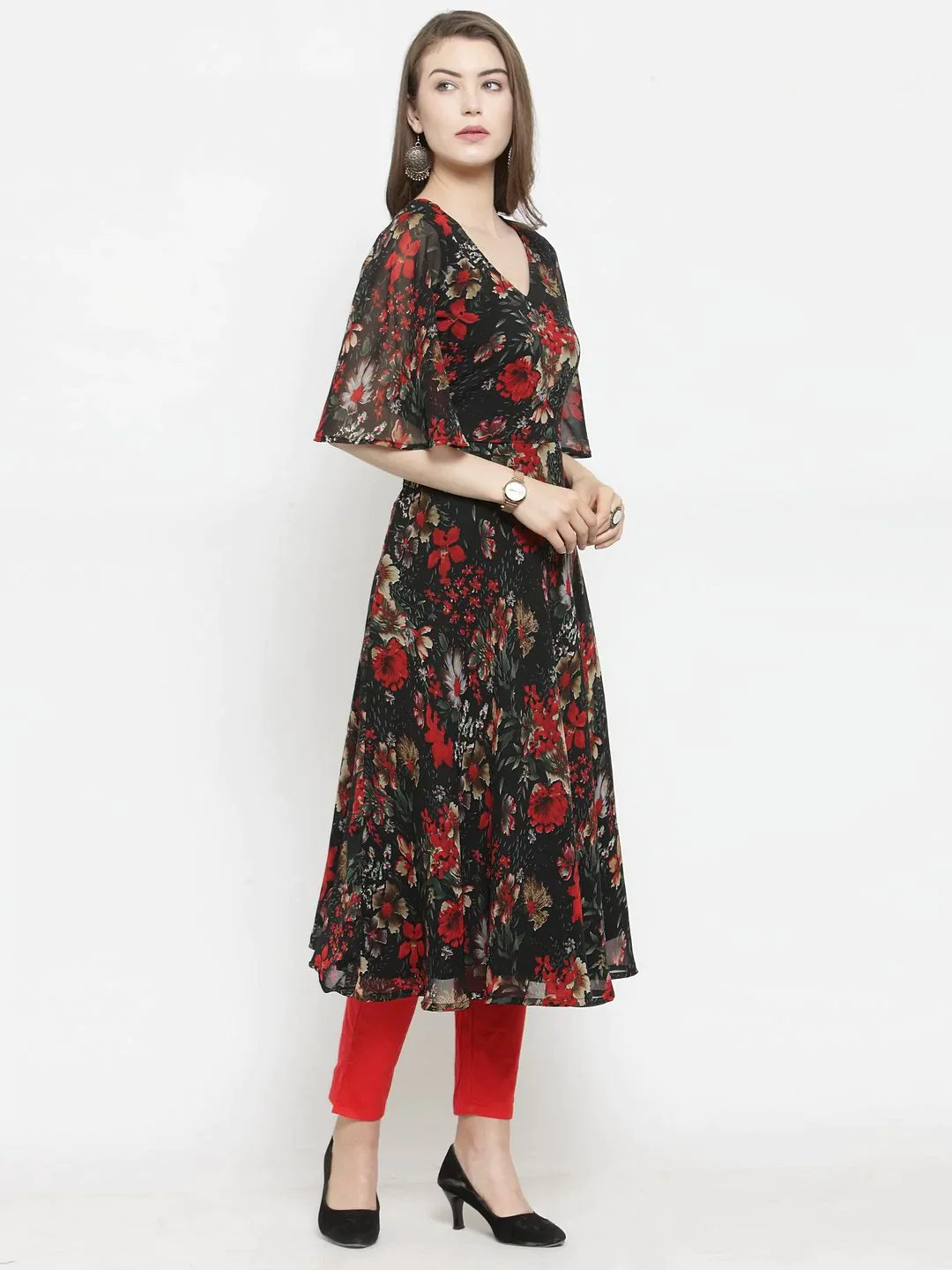 Women Black & Red Floral Printed Gorgette Flared Kurta - Rasiya