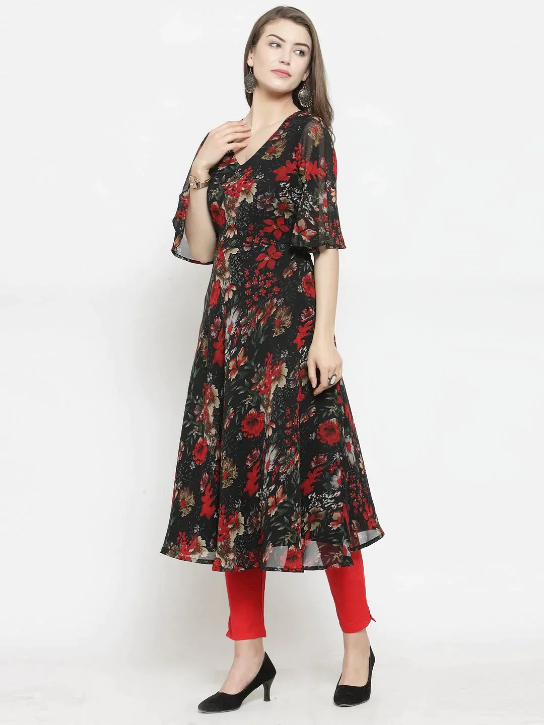 Women Black & Red Floral Printed Gorgette Flared Kurta - Rasiya