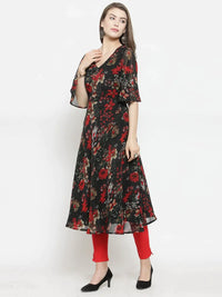 Thumbnail for Women Black & Red Floral Printed Gorgette Flared Kurta - Rasiya