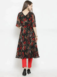 Thumbnail for Women Black & Red Floral Printed Gorgette Flared Kurta - Rasiya