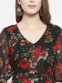Thumbnail for Women Black & Red Floral Printed Gorgette Flared Kurta - Rasiya