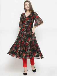 Thumbnail for Women Black & Red Floral Printed Gorgette Flared Kurta - Rasiya