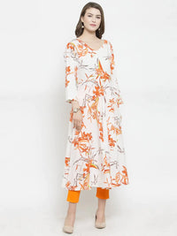 Thumbnail for Women White & Orange Floral Printed Rayon Flared Kurta - Rasiya