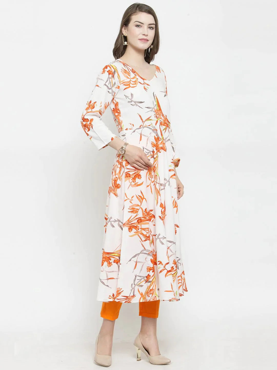 Women White & Orange Floral Printed Rayon Flared Kurta - Rasiya