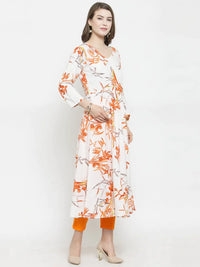 Thumbnail for Women White & Orange Floral Printed Rayon Flared Kurta - Rasiya