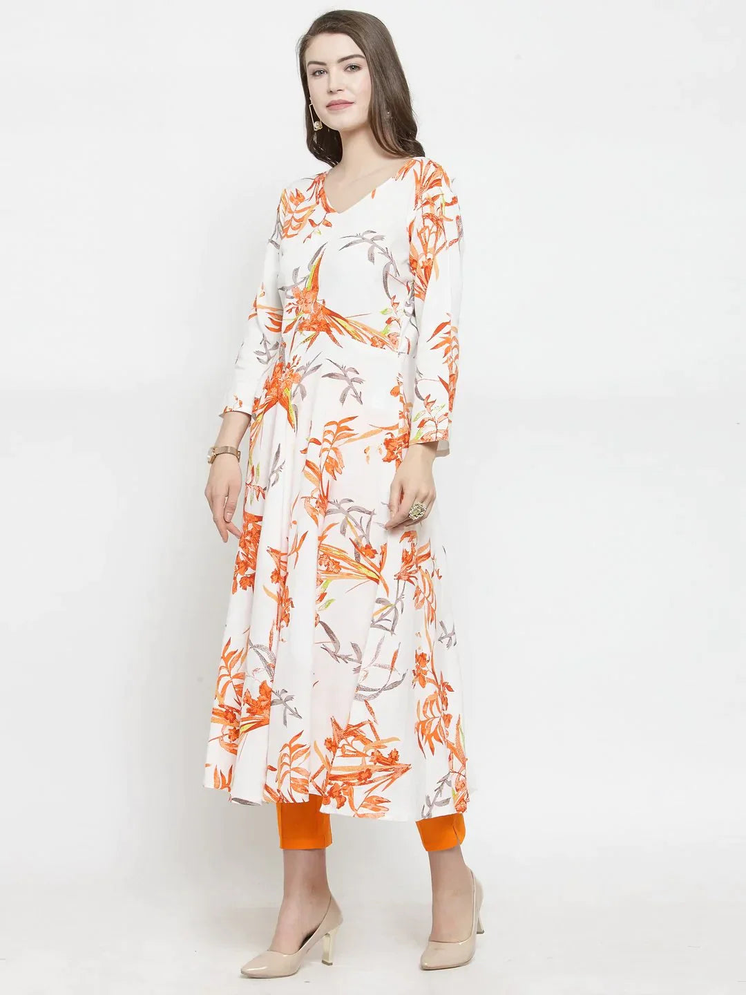 Women White & Orange Floral Printed Rayon Flared Kurta - Rasiya