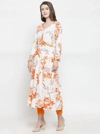 Thumbnail for Women White & Orange Floral Printed Rayon Flared Kurta - Rasiya