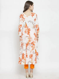 Thumbnail for Women White & Orange Floral Printed Rayon Flared Kurta - Rasiya