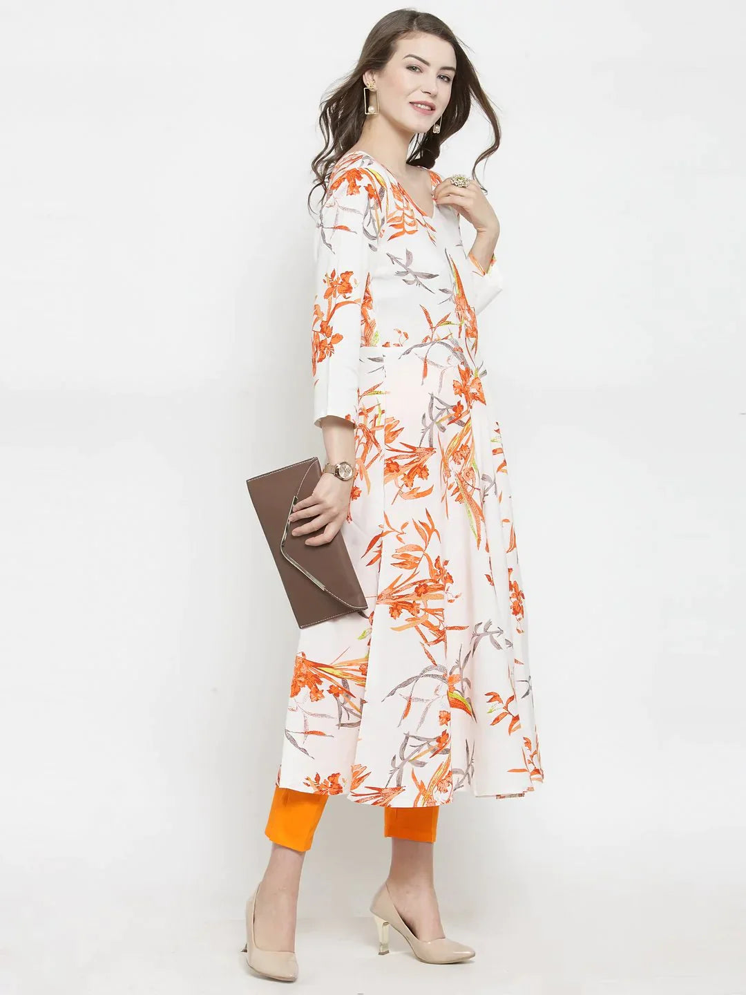 Women White & Orange Floral Printed Rayon Flared Kurta - Rasiya