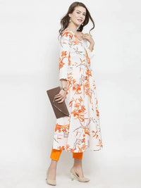 Thumbnail for Women White & Orange Floral Printed Rayon Flared Kurta - Rasiya
