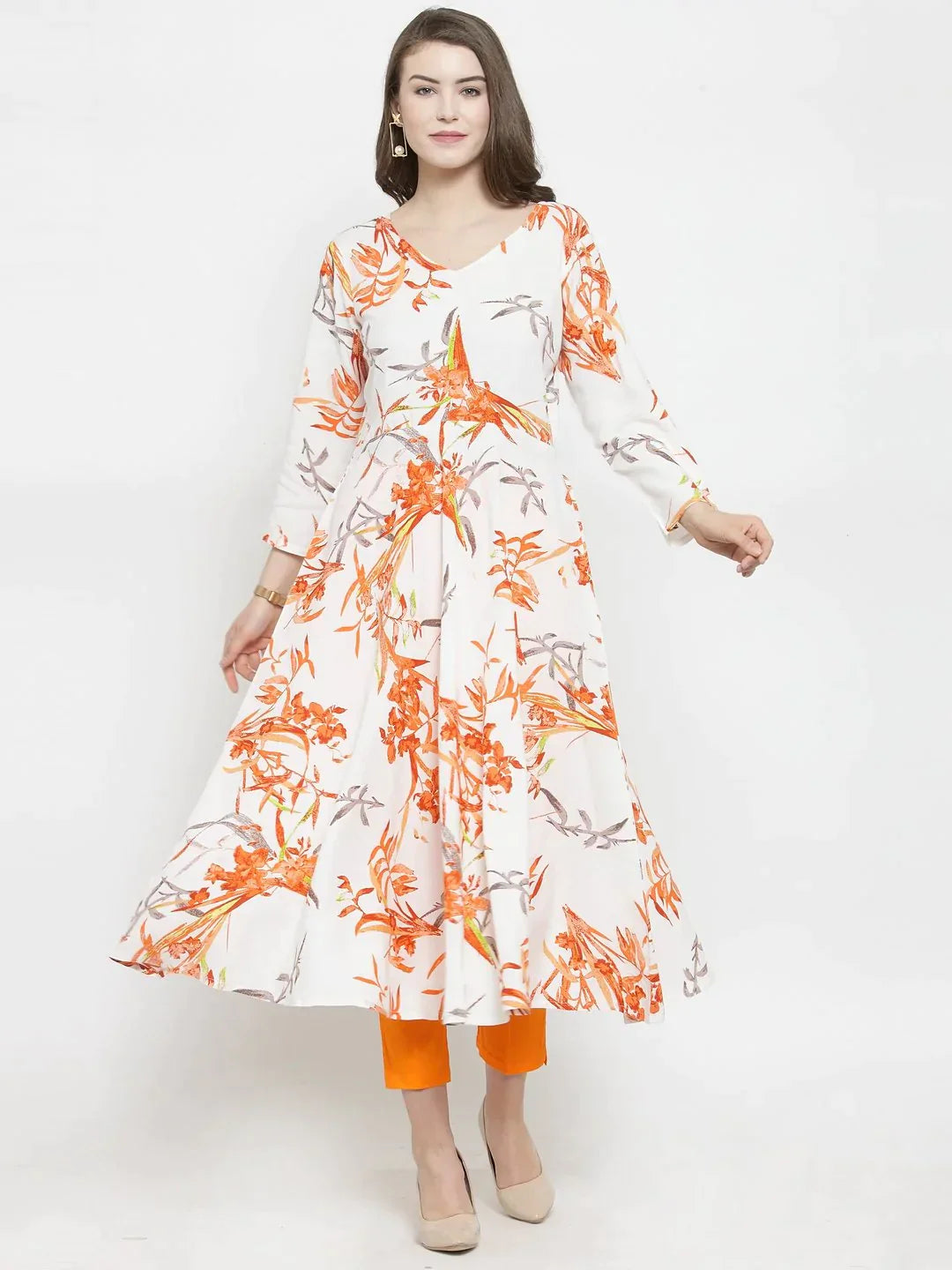 Women White & Orange Floral Printed Rayon Flared Kurta - Rasiya