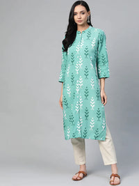 Thumbnail for Women Green & White Ikkat Print Straight Kurta Sky - Rasiya