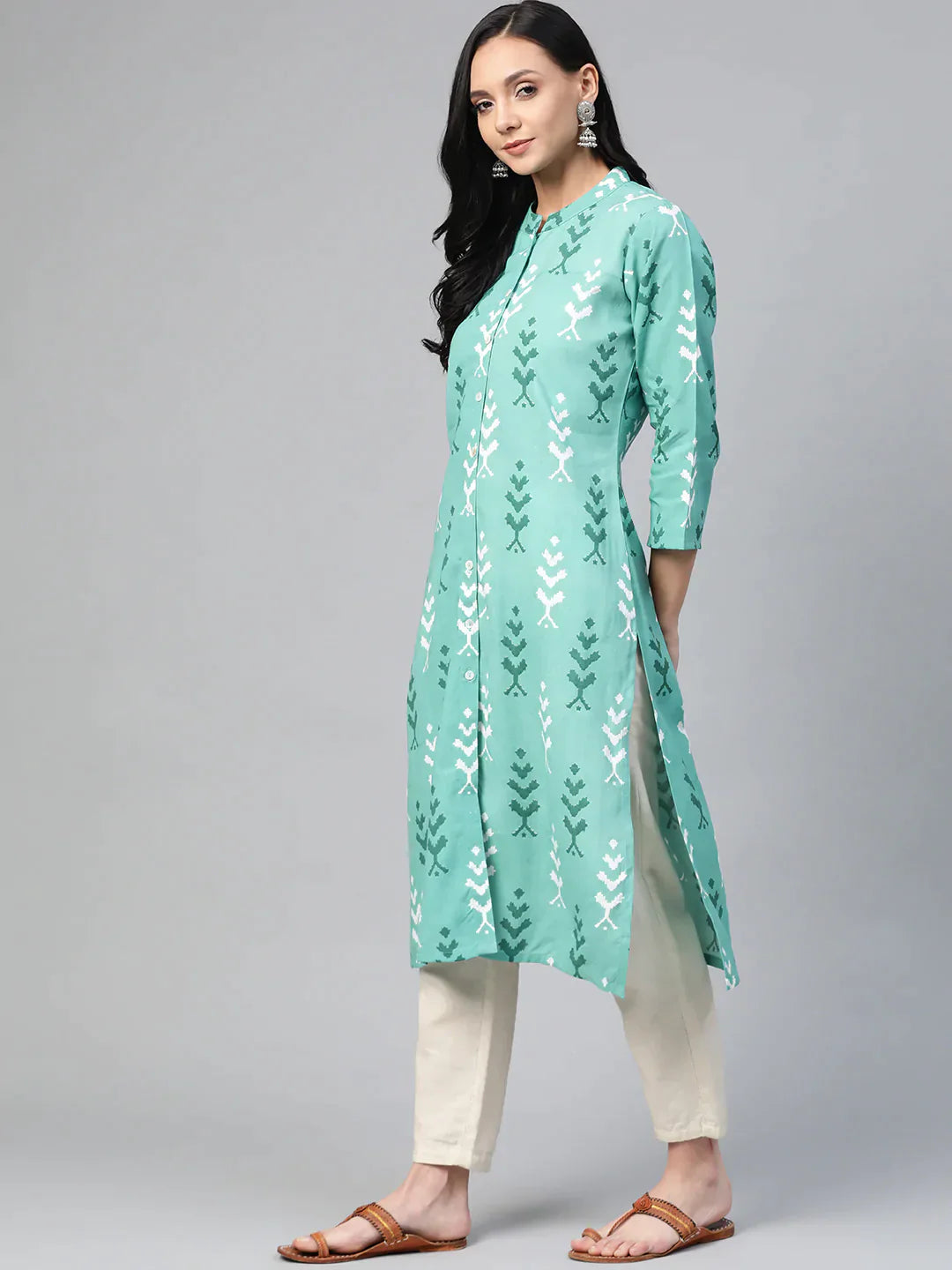 Women Green & White Ikkat Print Straight Kurta Sky - Rasiya