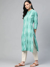 Thumbnail for Women Green & White Ikkat Print Straight Kurta Sky - Rasiya