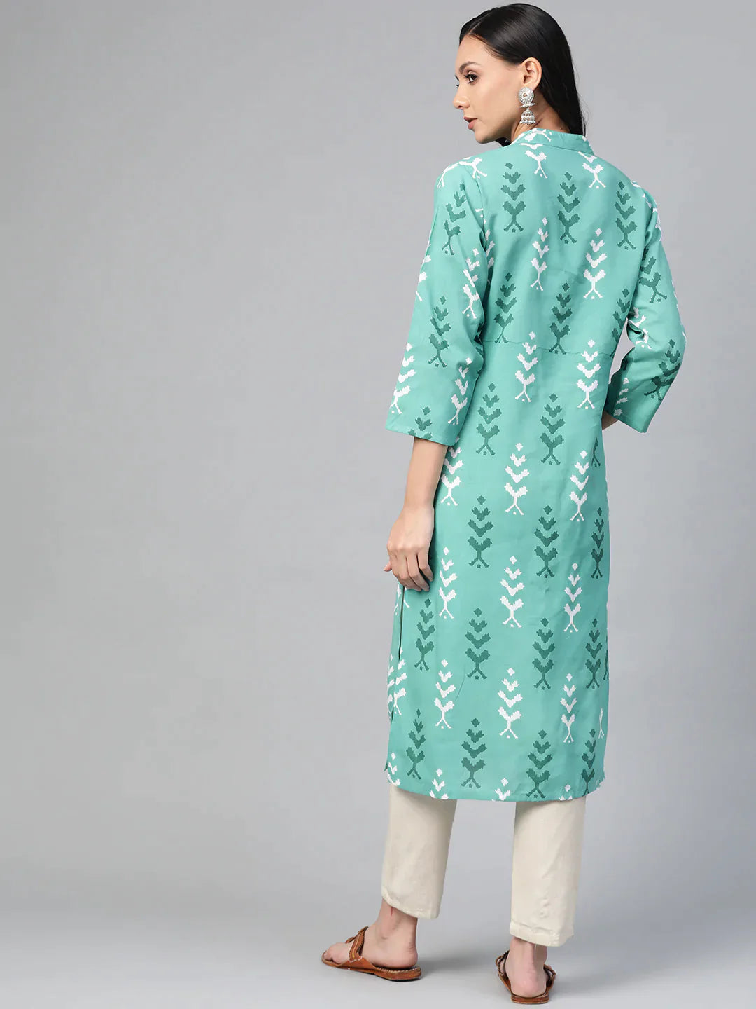 Women Green & White Ikkat Print Straight Kurta Sky - Rasiya