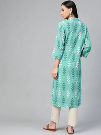 Thumbnail for Women Green & White Ikkat Print Straight Kurta Sky - Rasiya