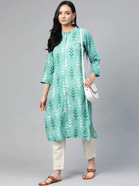 Thumbnail for Women Green & White Ikkat Print Straight Kurta Sky - Rasiya