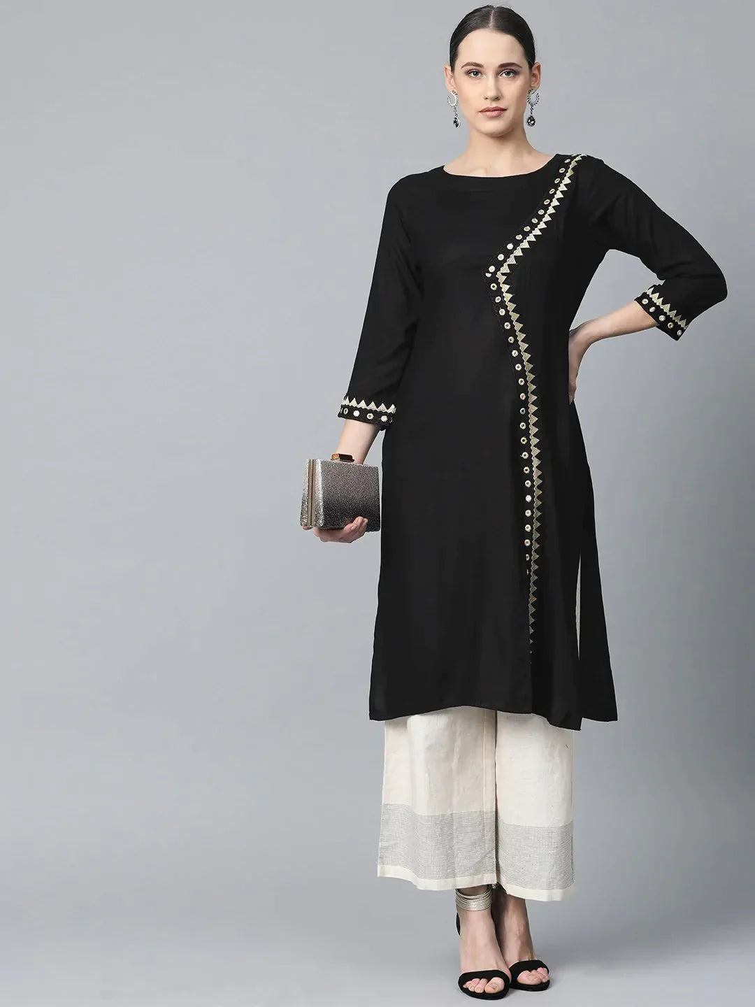 Women Black Embroidered Straight Kurta - Rasiya