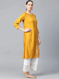 Thumbnail for Women Mustard Embroidered Straight Kurta - Rasiya