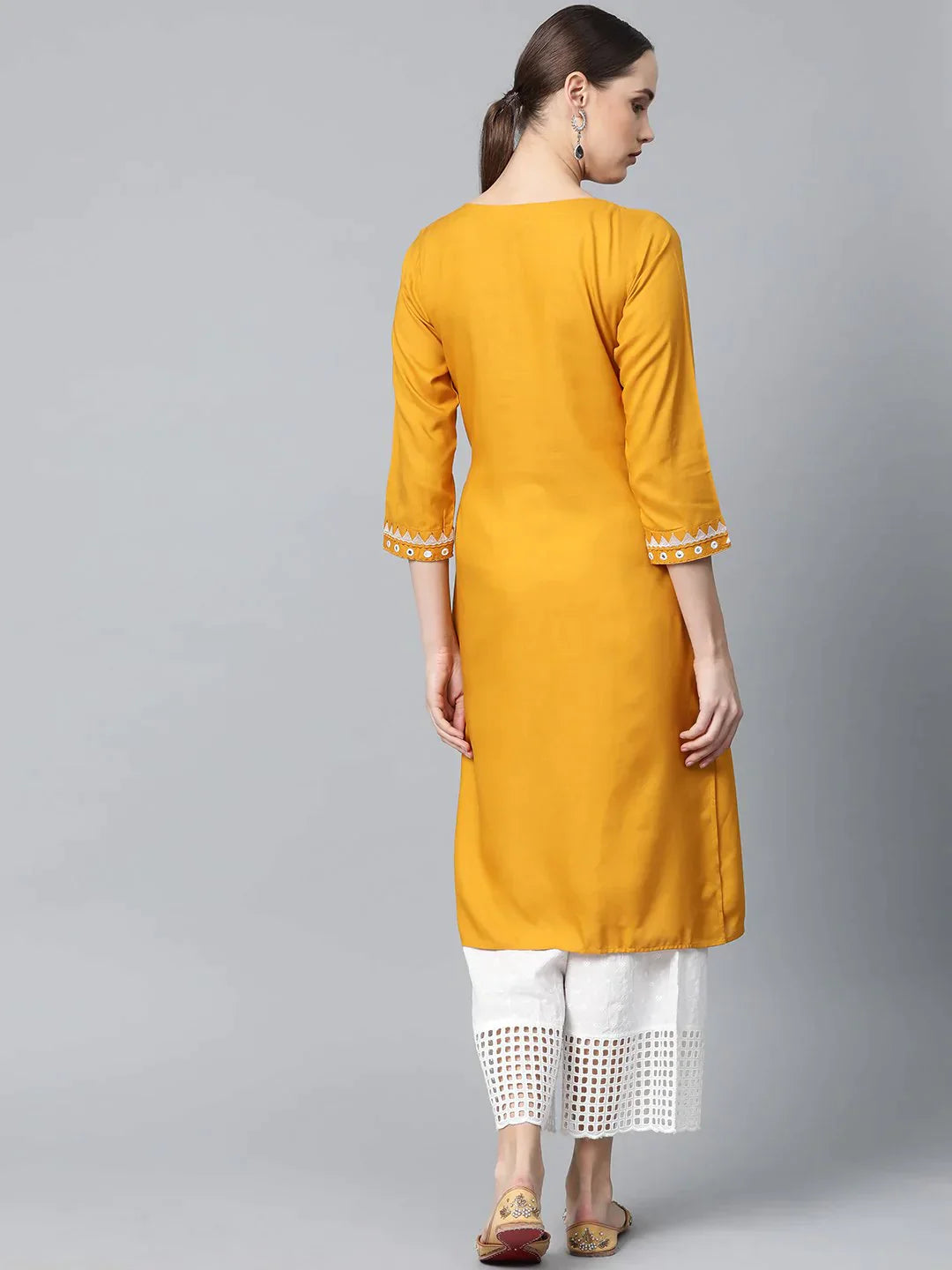 Women Mustard Embroidered Straight Kurta - Rasiya
