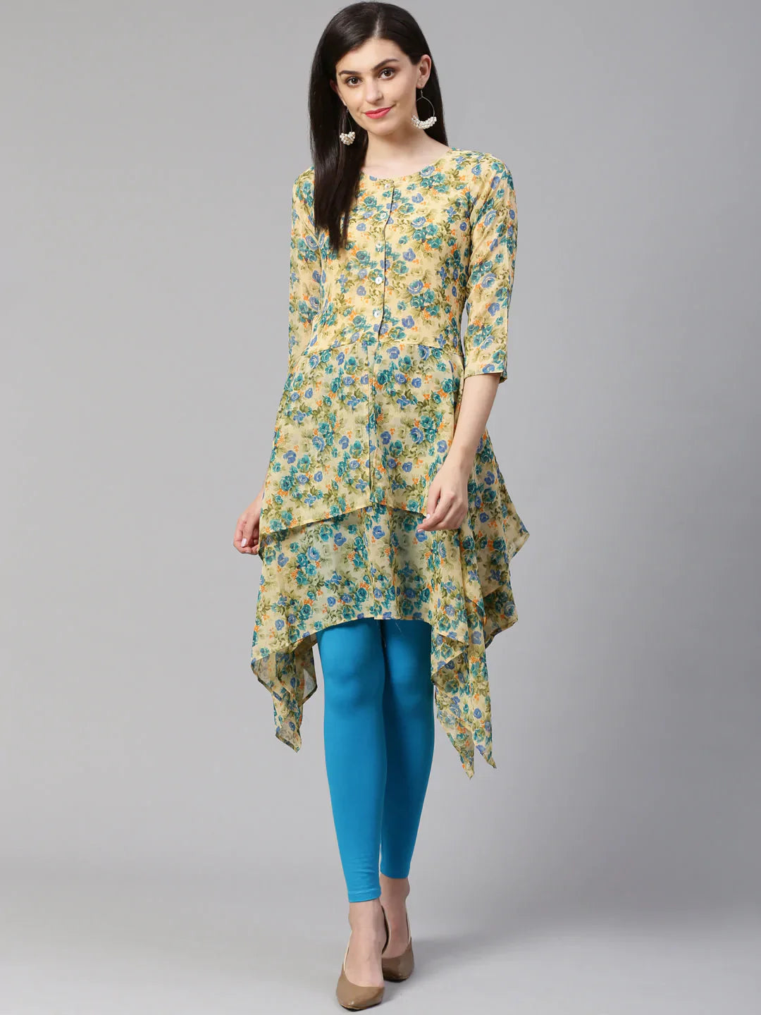 Women Beige & Blue Floral Printed A-Line Kurta Blue - Rasiya